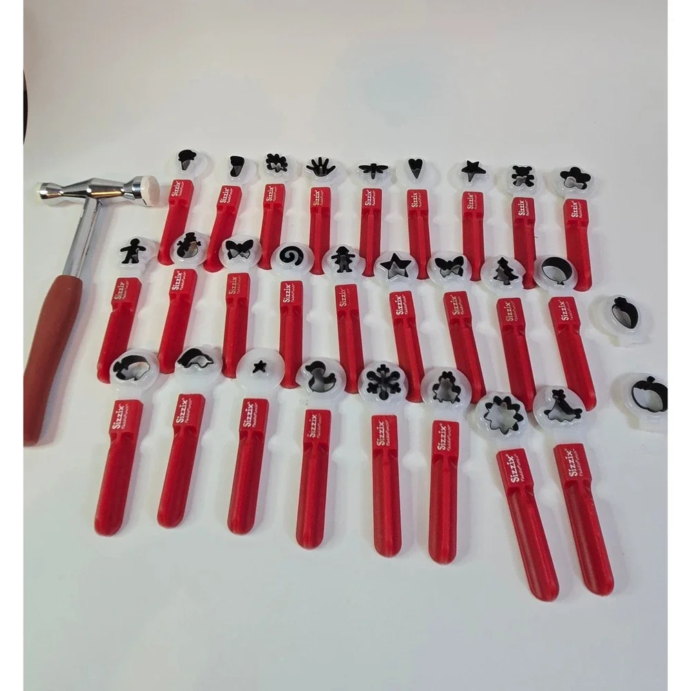Sizzix PaddlePunch Die Cut Tool Set with Hammer and Various Shapes Red White
